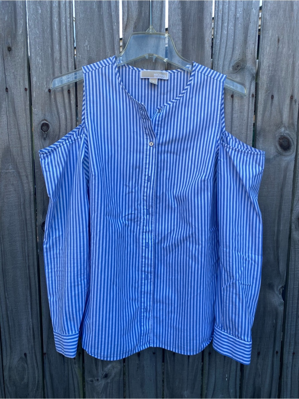 Michael Kors Blue & White Striped Cold-Shoulder Button-Down Top